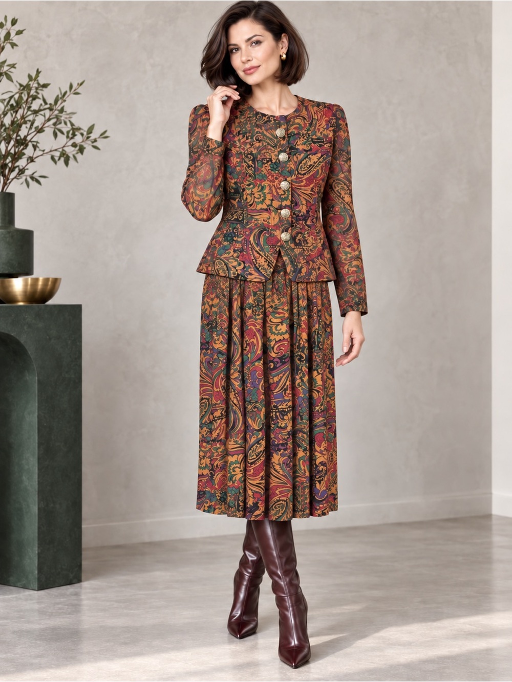 Vintage 80s Jewel Tone Paisley Chiffon Skirt Suit Jeweled Buttons M